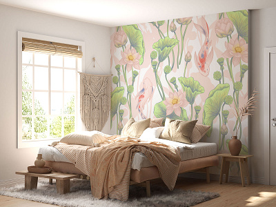 LOTUS- patterns & motifs asian bedroom carp fish decor design drawing floral floral design floral pattern flowers graphic design home decor illustration interior design koi lotus flowers pattern pattern design seamless pattern wallpaper