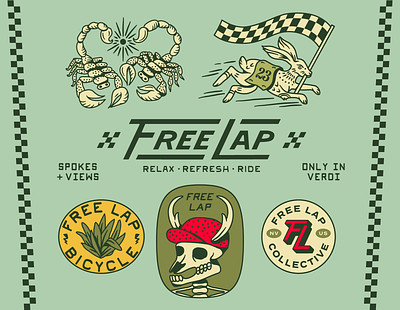 Free Lap Bike Shop badge bike shop branding desert design identity illustration racing scorpion tearsheet