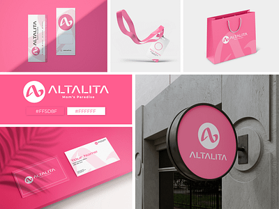 Altalita - Mom's Paradise | Woman Fashion Brand Identity advertisement brand identity branding design facade greeting card icon logo membership card mockup mom name card name tag packaging paper bag pink signage store vector visual identity