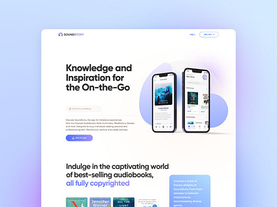 Landing page | Audio Book application audio book clean design features figma gradient ios landing page light light theme minimal mobile app product promote typography ui web design website design website ui white