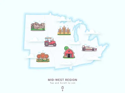 Mid-West Mosaic: Landmark Icon Illustration america map barn car flat icon flat vector illustrations icon design icon illustration iconic landmarks iconography landmark icon illustration landmark icons map illustrations mount rushmore mountain racing car sunflower tructor vector icons vector illustration wheat