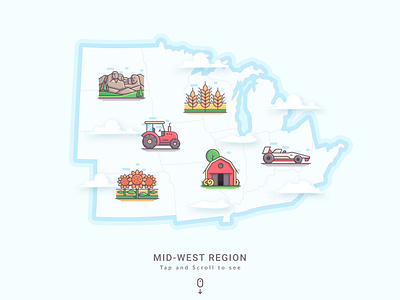 Mid-West Mosaic: Landmark Icon Illustration america map barn car flat icon flat vector illustrations icon design icon illustration iconic landmarks iconography landmark icon illustration landmark icons map illustrations mount rushmore mountain racing car sunflower tructor vector icons vector illustration wheat