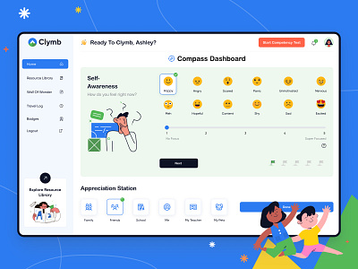 Clymb - EdTech Dashboard Design anxiety blue climb creative dashboard design education emotional well being figma ui illustrations interactive learning mindfullness mood uiux