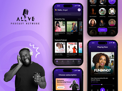 Alive - Podcast Mobile App Design android audio branding clean design creative dark ui figma mobile ui ios minimal mobile ui music podcast app podcast play ui design user friendly video violet