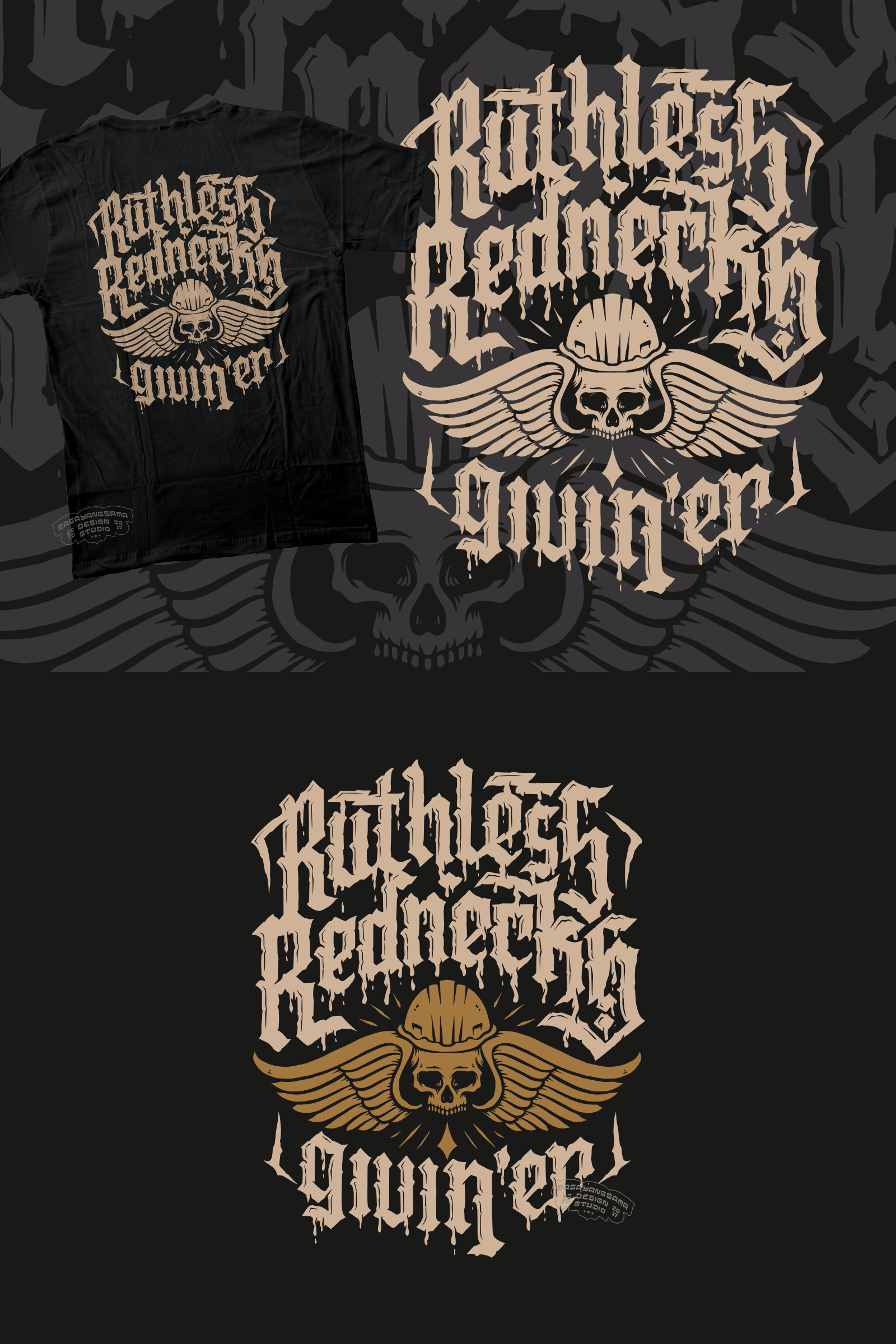 Ruthless Rednecks Givin'er Tshirt Design americandesign blackletter blue collar branding brutal customlettering graphic design handdrawn handlettering illustration lettering logo logotype metal skull skull fly tees tshirt design typography vintagedesign