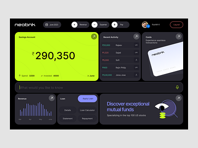 Reimagining Banking: The Futuristic Neo Banking Dashboard bangalore banking cards dashboard dashboard ui digitalbanking expense finance financialinsights fintech fintech dashboard futuristicfinance insights neobanking neobnk nextgenbanking payment payment app product ui