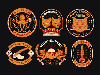 Illustration and Badges apparel art badges branding cats design geometric illustration ink label line lineart lockup logo minimal monoline octopus stationery shop vintage writing