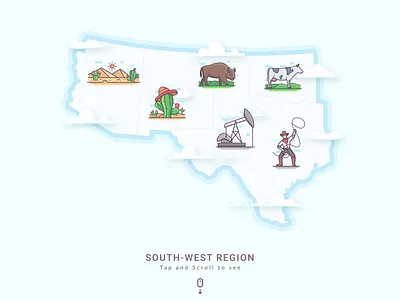 Spirit of the South West: Landmark Icon Illustration america map bison cow cowboy cowboy with lasso dessert flat icon flat vector illustrations icon design icon illustration iconic landmarks iconography landmark icons map illustrations mexican cactus oil drill vector graphics vector icons vector illustration