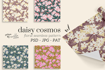 Daisy Cosmos Floral Seamless Patterns branding cosmos daisy design floral floral pattern floral seamless pattern flowers flowers pattern graphic design illustration seamless pattern surface pattern surface pattern design textile design
