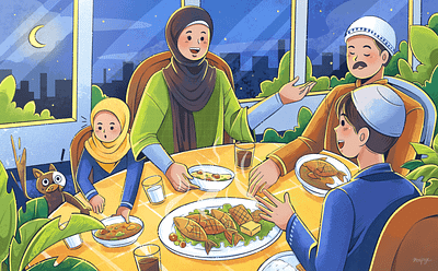 Quality Time With Family blue brother cat character dad design eating family flat illustration gathering girl green ied illustration mom person together