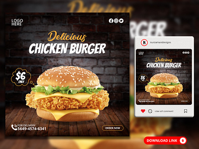 Delicious Chicken Burger Social Media Banner Templates ads ads design banner branding burger post burger templates chicken burger design fast food food banner food flyer graphic design instagram food promotion instagram post logo motion graphics promotional ads restaurant flyer templates design web banner