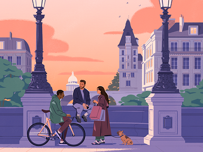 Eurostar ambiant bicycle bridge character design dog fagostudio illustration light paris people shopping sunset texture