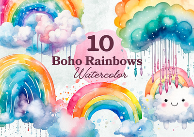 Boho Rainbows Watercolor Pack clipart clouds illustration png rainbow watercolor