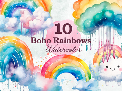 Boho Rainbows Watercolor Pack clipart clouds illustration png rainbow watercolor