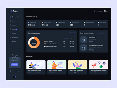 Tutor E-learning platform dashboard darkmode brand branding character chart dashboard data design graphic design illustration logo logo design navigation statistics table typography ui ux web app