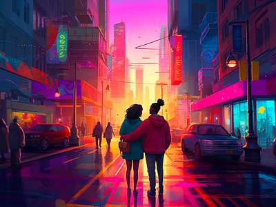 two people in a city colorful cartoon