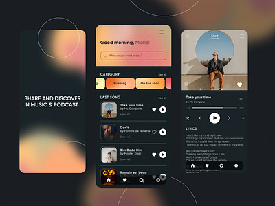 Music app layout app application artist branding chill dark design figma gradient graphic design layout mobile modern music playlist podcast ui ui design vector