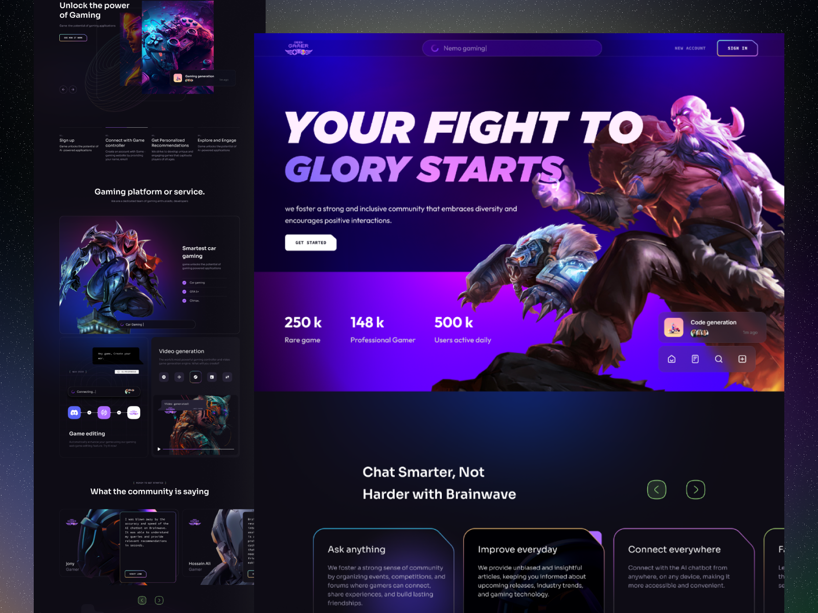 Gaming landing page UI Design design figma game gaming interaction design landing page modern landing page modern ui trendy ui ui uiux ux web design website website design
