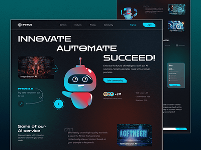 AI website ai buttons card chatbot community cta dark mode design features home page icons illustration landing page logo nav bar pricing plan profile services ui website
