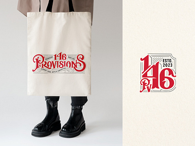 146 Provisions 146 bag bougie branding curiosities custom gifts hand historic lettering logo market maryland ornate provisions retail shop store tote vintage