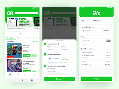 VocaGame UI Design Challenge android branding checkout gacha game green mobileapp mockup online game payment prototype ui design vouchergame