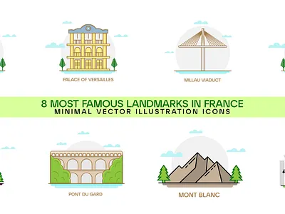 France famous landmarks abbey of fontenay arc de triomphe art design eiffel tower france icon landmarks line millau viaduct minimal minimalistic mont blanc palace of versailles pont du gard vector