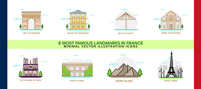 France famous landmarks abbey of fontenay arc de triomphe art design eiffel tower france icon landmarks line millau viaduct minimal minimalistic mont blanc palace of versailles pont du gard vector