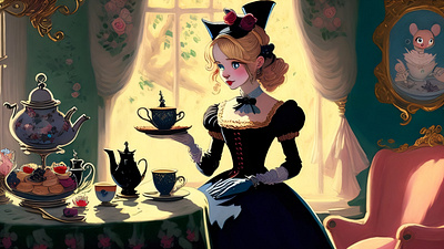 Alice at tea time. alice design digital art fantasy art graphic design illustration tea