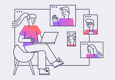 Video conference adobe illustrator branding conference design education english language flat gradient illustration line network online pink purple school teacher ui vector video website