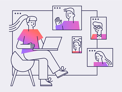 Video conference adobe illustrator branding conference design education english language flat gradient illustration line network online pink purple school teacher ui vector video website