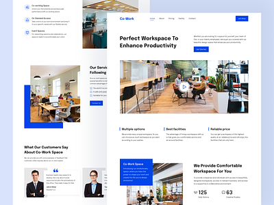 Co-Working Space Landing Page agency clean design co working collaboration coworkers coworking home office home page office design office space remote work shared place team work ui design virtual office web design work club working place workspace