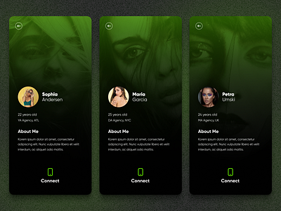 App UI - User Profile Exploration android app black call connect design gradient green interface ios iphone message mobile mobile ui model models text ui user user profile