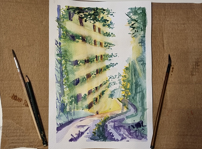 lane, on the way forest hand drawn health illustration lane sunshine trail training travel trees trip watercolor