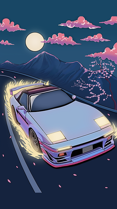 Drifting in the 90s Moonlight. automotive art car art car illustration design digital art illustration japanese cars jdm jdm cars