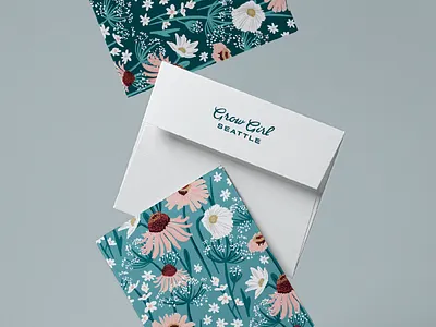 Grow Girl Seattle - Collateral brandidentity brandidentitydesign branding design envelope floral floralartwork floralpattern graphic design greetingcard handdrawn illustration logo print printcollateral stationery stationerydesign wordmark