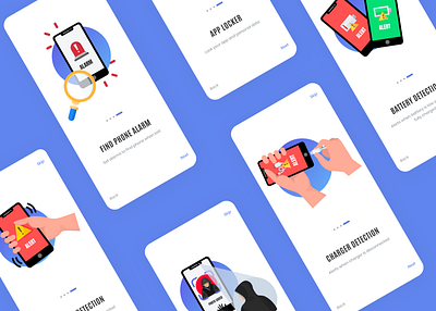 Anti theft Security App - Onboarding Screens alarm alert anti theft app design guide how how to use information intro mobile on boarding options screens security splash steps ui ux work