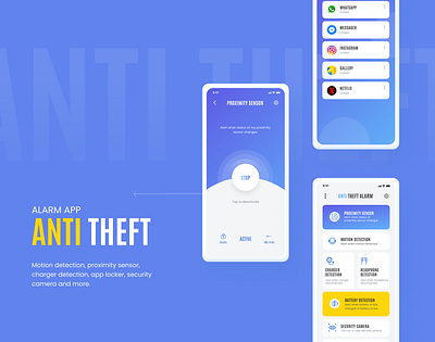 Anti Theft App - Don't Touch My Phone/App Locker/ Security alarm alert anti theft app blue button clean design dont touch home lock menu minimal mobile app new proximity security shield ui ux
