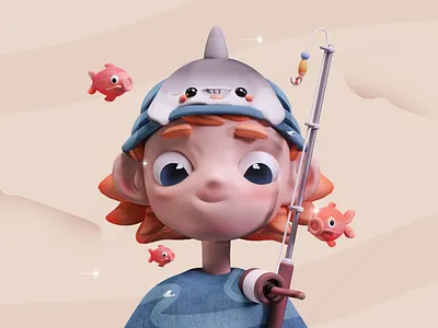 Golden Dream Fisherman Kawaii 3d 3d art animation branding character 3d kawaii character kawaii colors design fish fisher kawaii graphic design illustration kawaii kawaii fish logo love kawaii shark shark kawaii summer kawaii ui