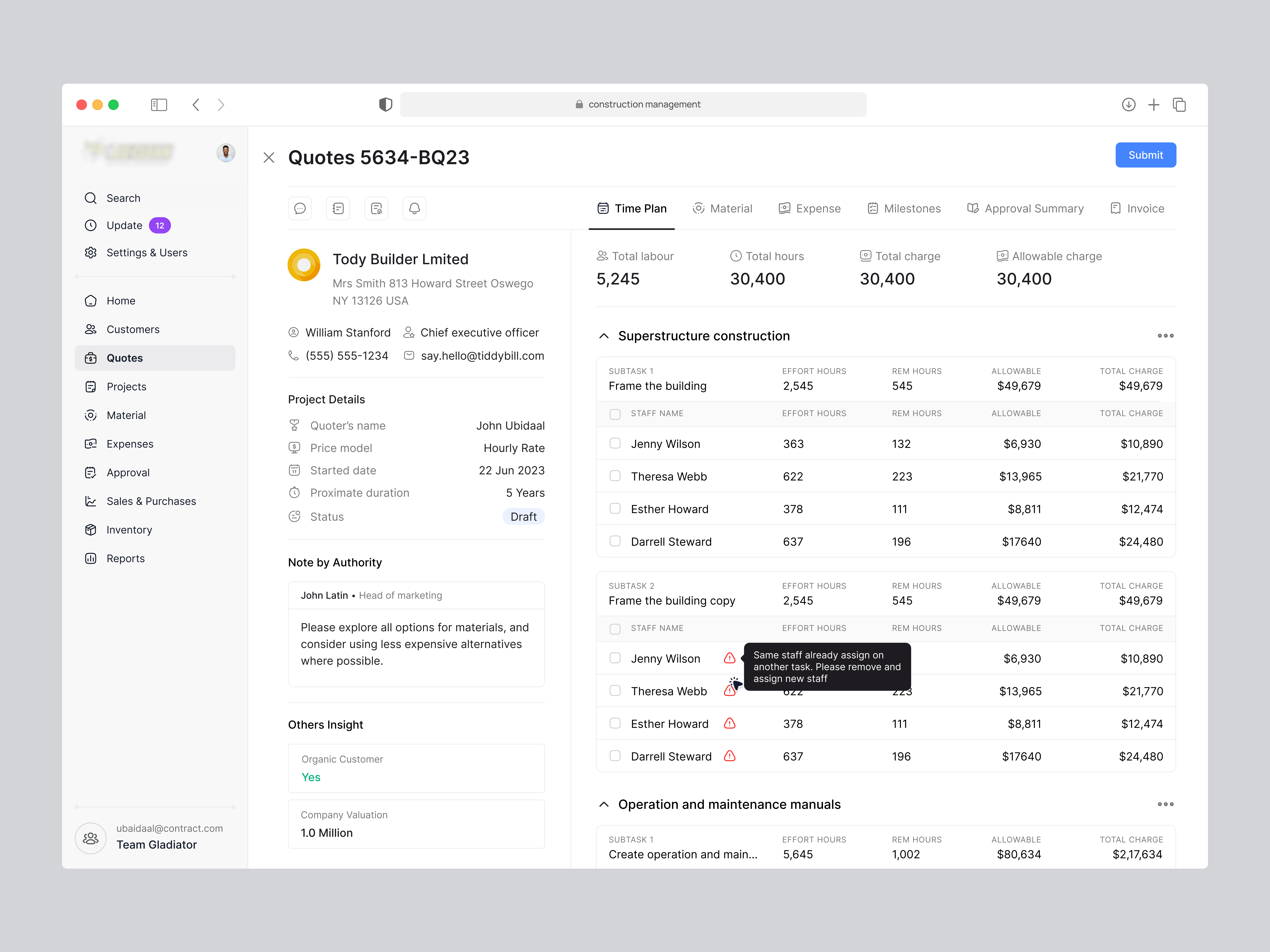 Quote - Construction Management SaaS Web App v1 complex saas construction construction calculation construction management estimate labour material quote sass task ui ux webapp