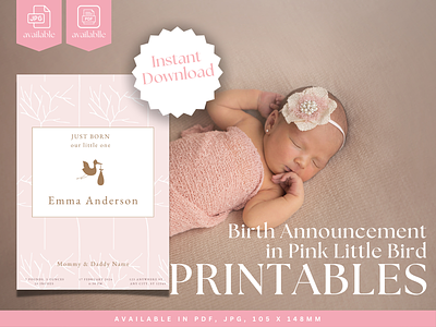 Birth Announcement in Pink Little Bird Theme baby boy baby girl baby journal baby milestone birth announcement design digital template new mom