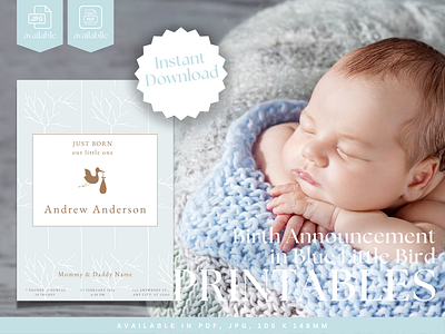 Birth Announcement in Blue Little Bird Theme baby boy baby girl baby journal baby milestone birth announcement design digital template new mom newborn