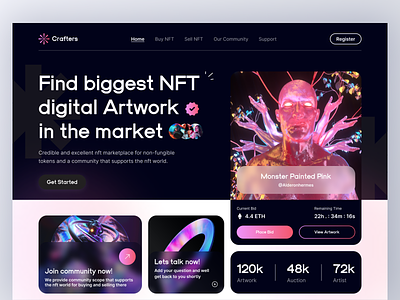 Hero Section - Crafters binance bitcoin blockhain crypto crypto wallet digital art ethereum futuristic gallery hero section marketplace modern design nft nft 3d nft hero section nft marketplace nft website token web design website