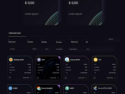 Vaults(Deposit Tokens & Receive yield). crypto finance ui ux vault wallet