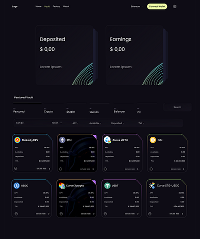 Vaults(Deposit Tokens & Receive yield). crypto finance ui ux vault wallet