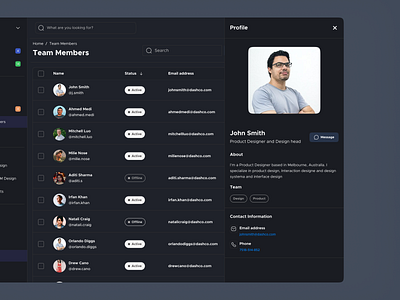 Profile details- Dash's Design System [Dark Mode] branding design minimal profile profile details table tabs team team management team members team members details ui uidesign user inteface userexperience userinterface ux