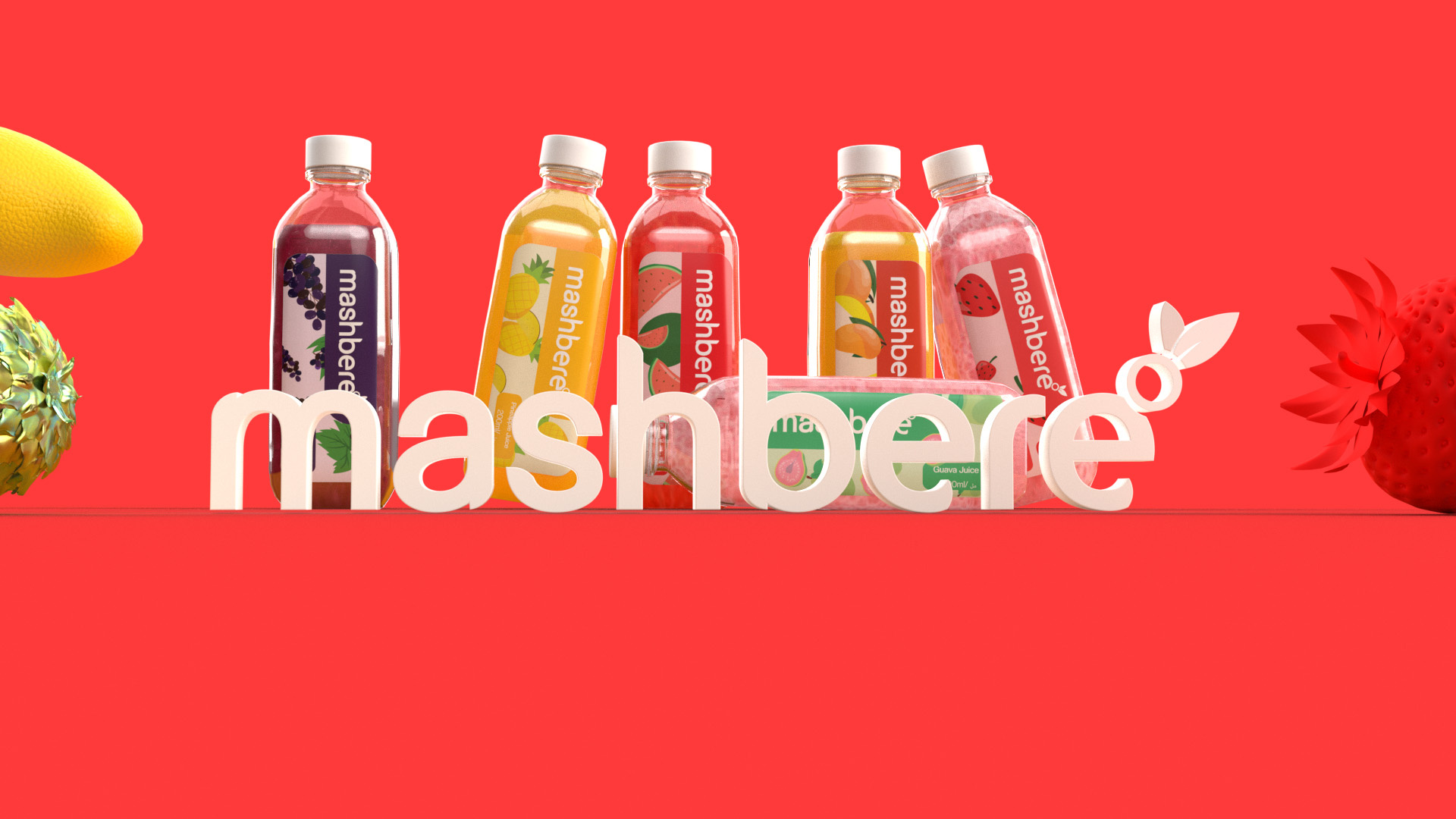 Mashbere branding 3drender adobe dimension branding cgi creative design food food packaging graphic design juice juice packaging logo logo design packaging design product display render visual