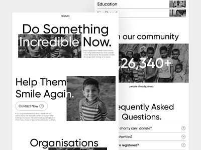 Gratuity - Donation Landing Page UI 999watt black and white child children design education gratitude help images landing page organisation poor poverty rich theme ui ux web web design without colors