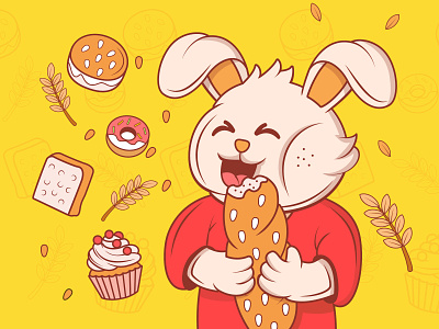 吃面包的兔子小孩插画设计 儿童 兔子 吃面包 男孩 糕点 面包 飞舞的食物 食物