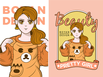 穿睡意的女孩潮流插画设计 亚洲人 休闲 女孩 女性 性感 戴耳环的女性 熊衣服 穿睡衣 美丽