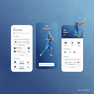 Cricket Info App Ft. MS Dhoni app blue cricket dhoni figma minimal ms dhoni msd ui ux